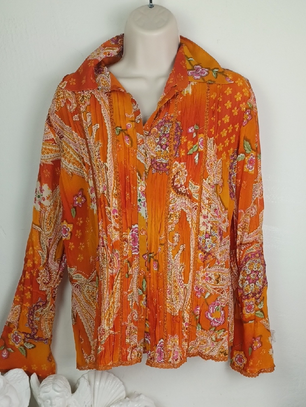 Notations Orange & Cream Paisley Bell Sleeved Gorgeous Creped Romantic Blouse - Picture 7 of 11
